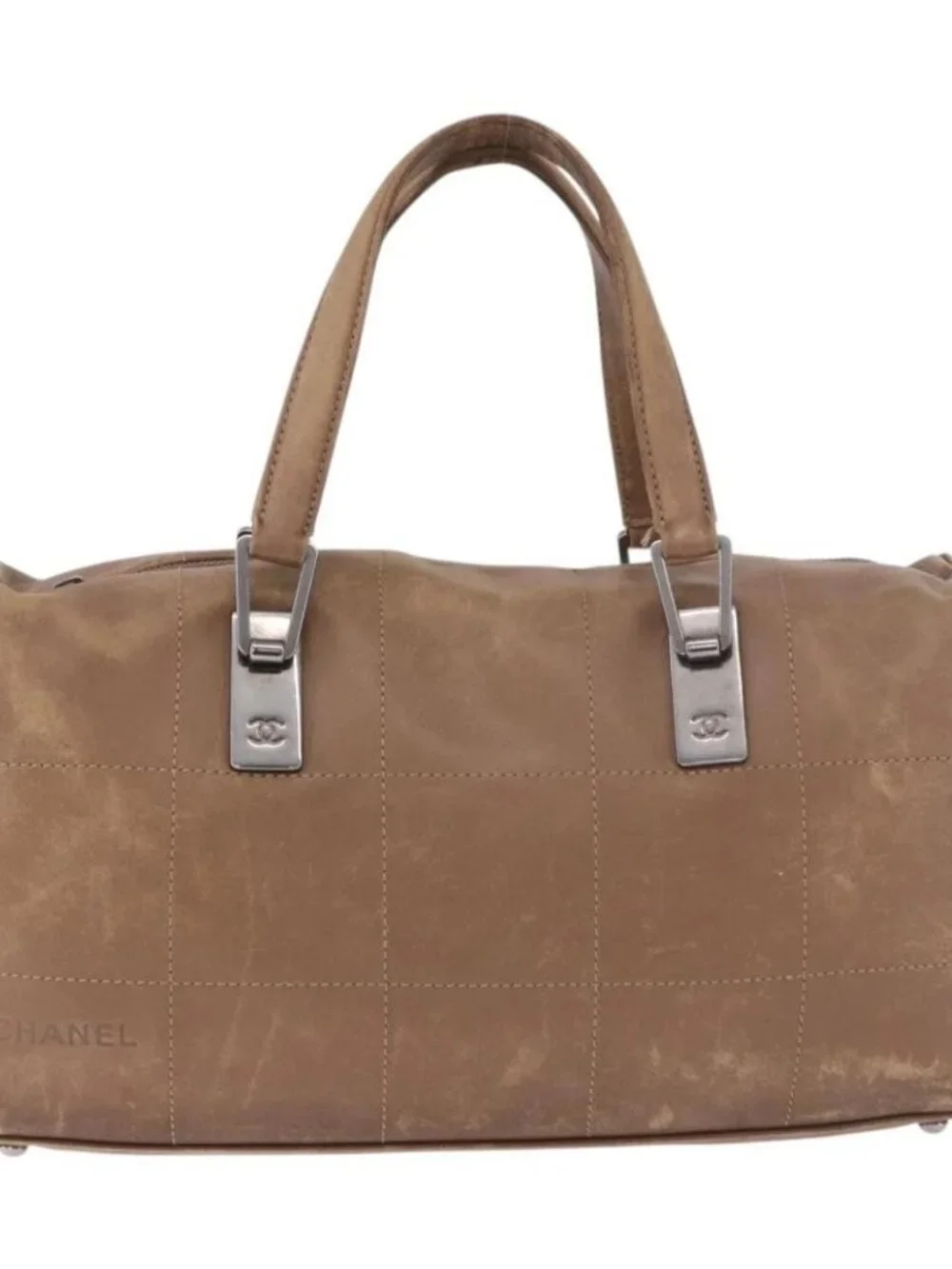CHANEL Choco Bar Hand Bag Lamb Skin Brown Silver CC Auth 183856